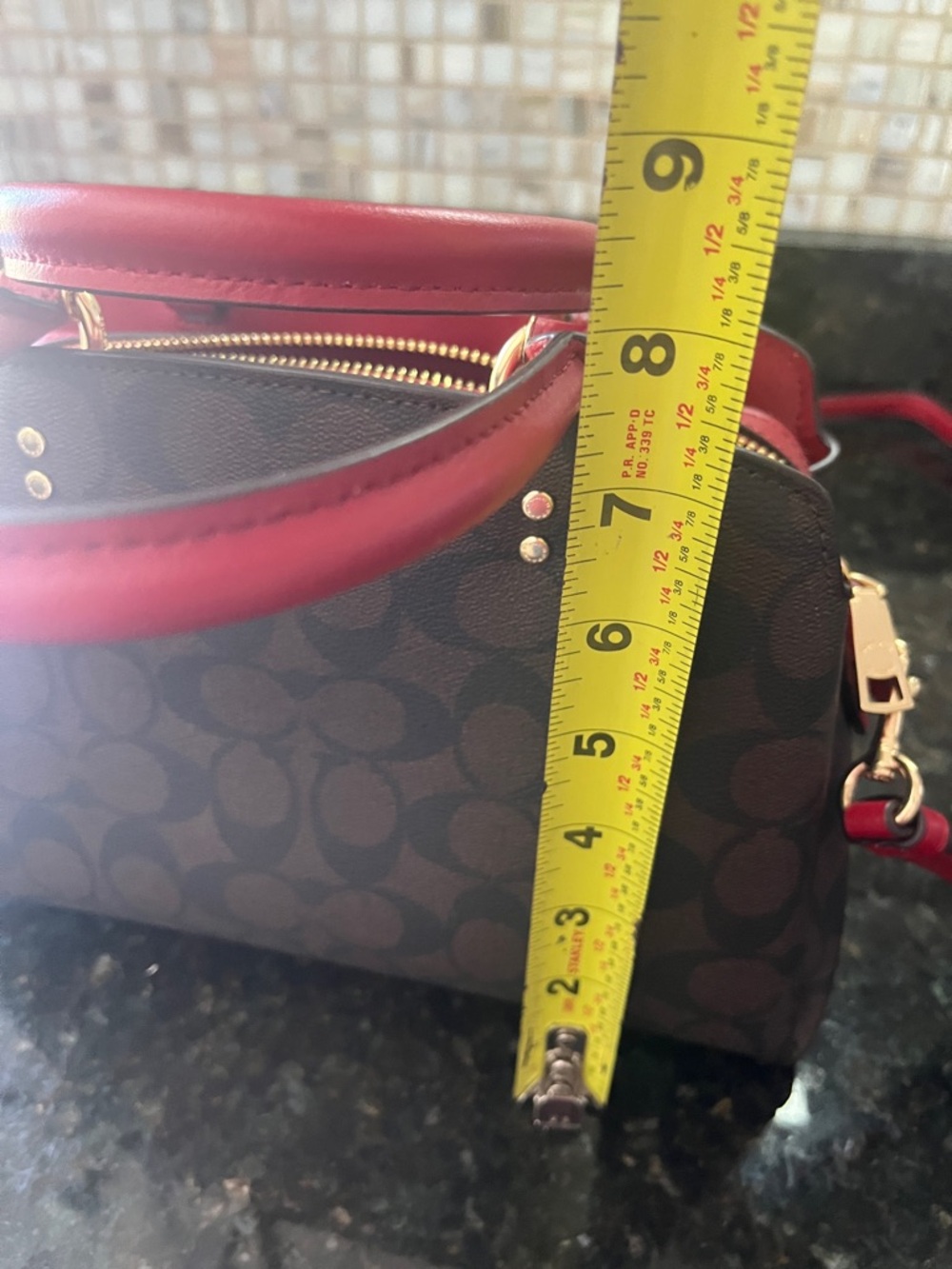 Coach Brown Signature Satchel with Red Trim and Tag - Picture 6 of 7